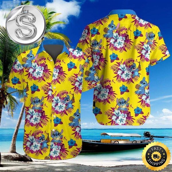 Disney Lilo And Stitch Yellow Authentic All Over Print Aloha Summer Beach Hawaiian Shirt