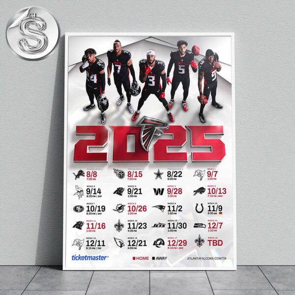 Atlanta Falcons 2025 NFL Schedule Week 1 To 18 Matchups Game Dates Home Decor Poster Canvas
