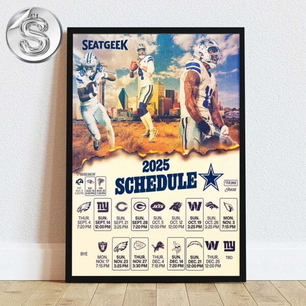 Dallas Cowboys 2025 NFL Schedule Week 1 To 18 Matchups Game Dates Home Decor Poster Canvas