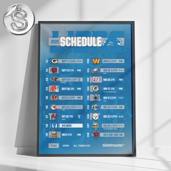 Detroit Lions 2025 NFL Full Schedule Week 1 To Week 18 Matchups Home Decor Poster Canvas