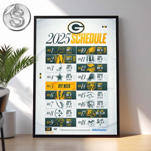 Green Bay Packers 2025 NFL Schedule Week 1 To 18 Matchups Game Dates Home Decor Poster Canvas