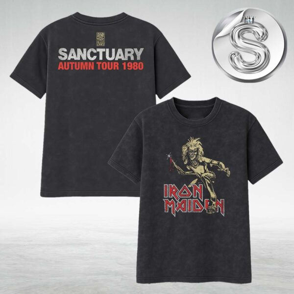 Iron Maiden 50th Anniversary Sanctuary Eddie 1980 Tour Vintage Black Washed Tee Shirt