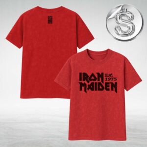 Iron Maiden Est 1975 Official Logo Vintage Red Washed Tee Shirt