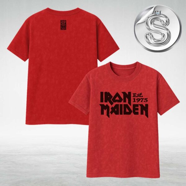 Iron Maiden Est 1975 Official Logo Vintage Red Washed Tee Shirt