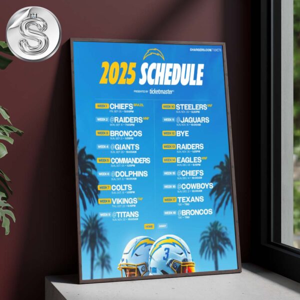 Los Angeles Chargers 2025 Full NFL Schedule Matchups Game Dates Home Decor Poster Canvas