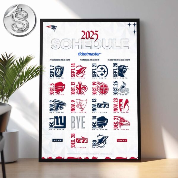 New England Patriots 2025 NFL Full Schedule Week 1 To Week 18 Matchups Season Home Decor Poster Canvas