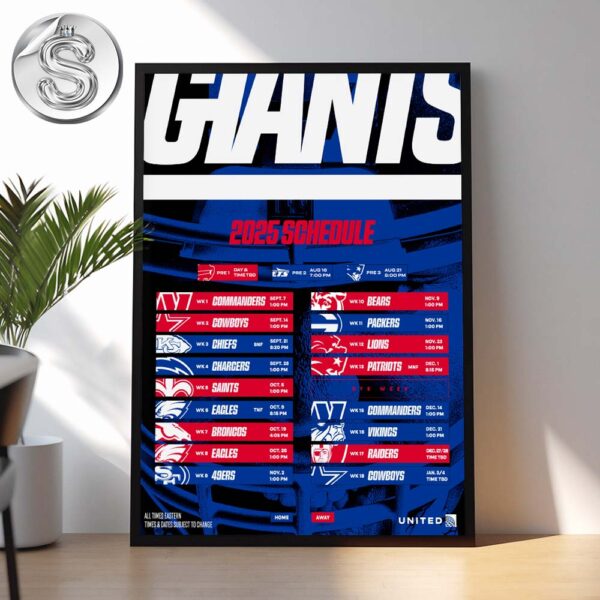 New York Giants 2025 NFL Schedule Season Week 1 To Week 18 Matchups Home Decor Poster Canvas