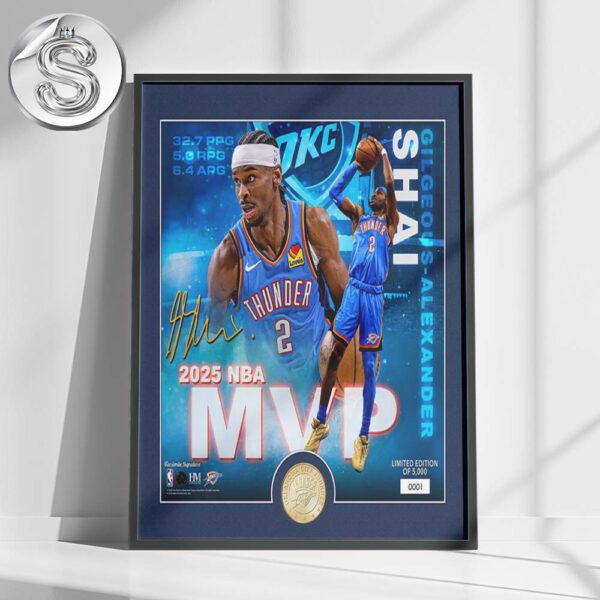 Shai Gilgeous-Alexander Reach 2025 NBA Season MVP Oklahoma City Thunder Photo Mint Home Decor Poster Canvas