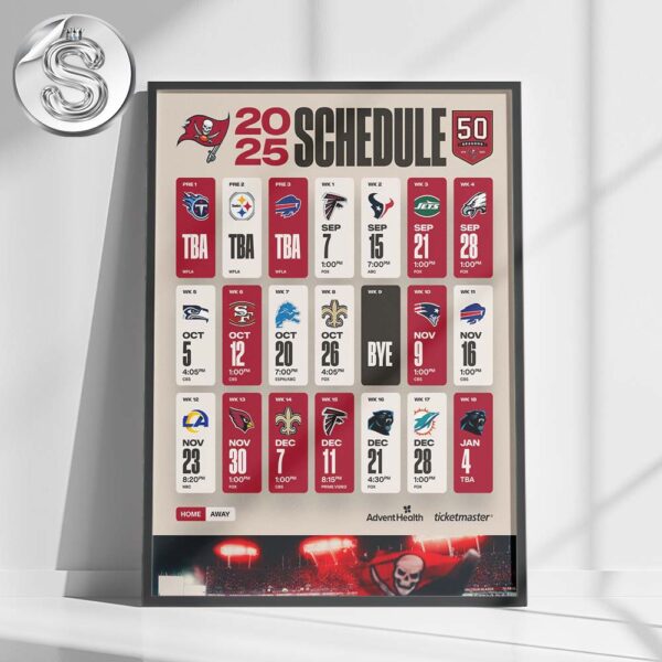 Tampa Bay Buccaneers 2025 NFL Schedule 50th Seasons Matchups Home Decor Poster Canvas