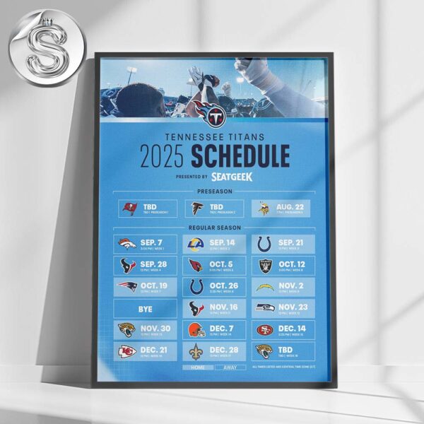 Tennessee Titans 2025 Schedule NFL Matchups All Season Home Decor Poster Canvas