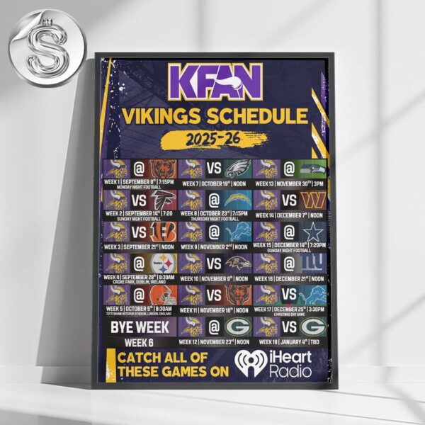 The Minnesota Vikings 2025-26 NFL Season Schedule Matchups Week 1 To Week 18 Home Decor Poster Canvas