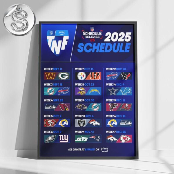 Thursday Night Football 2025 NFL Schedule Week 2 To Week 17 Matchups Home Decor Poster Canvas