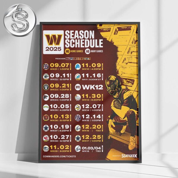 Washington Commanders 2025 NFL Schedule Week 1 To 18 Matchups Game Dates Home Decor Poster Canvas